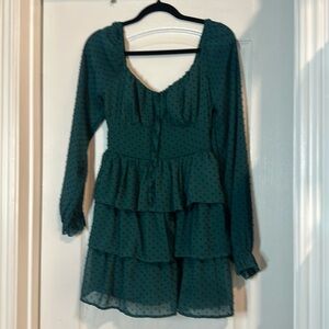 Teal ruffles Swiss dot mini dress L